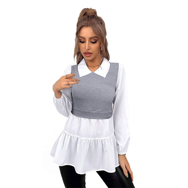 lapel neck knitted women's knits & tees fake two-piece set panelled shirt slim high waist pullover bodycon a-line with puff long sleev, White
lapel neck knitted women's knits & tees fake two-piece set panelled shirt slim high waist pullover bodycon a-line with puff long sleev, White