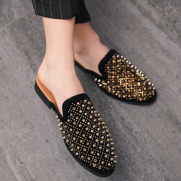 summer men half slippers rivet decoration fashion trend nightclub hairdresser versatile large size 38-47 comfortable men shoes, Black
summer men half slippers rivet decoration fashion trend nightclub hairdresser versatile large size 38-47 comfortable men shoes, Black