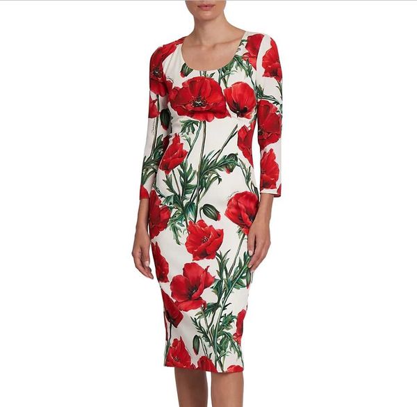 womens dress long sleeve poppy print silk midi dress, White;black 
womens dress long sleeve poppy print silk midi dress, White;black