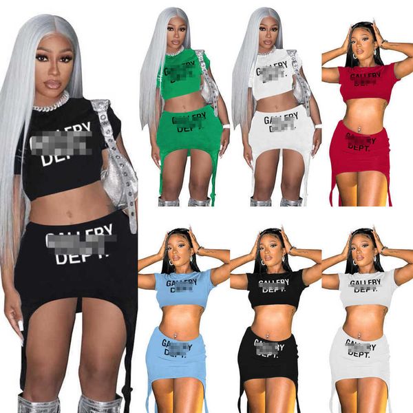 2023 summer women two piece dress outfits desinger letter print round neck exposed navel short sleeve irregular half skirt suit, White 
2023 summer women two piece dress outfits desinger letter print round neck exposed navel short sleeve irregular half skirt suit, White