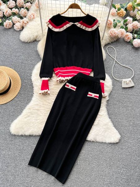 two piece dress sweet black peter pan neck long sleeve sweater two piece set women's elegant vintage stripe knitted long sleeve ski sui, White
two piece dress sweet black peter pan neck long sleeve sweater two piece set women's elegant vintage stripe knitted long sleeve ski sui, White