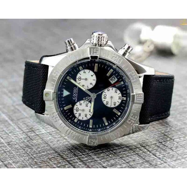 men quartz chronograph watch black blue canvas brown leather1, Slivery;brown