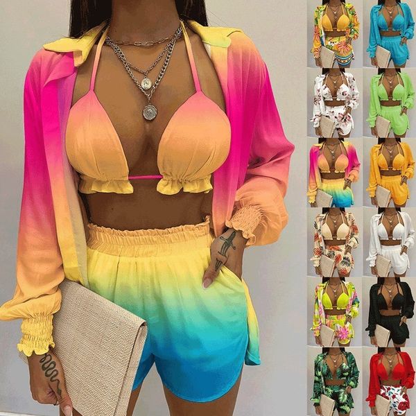 women's swimwear print high waist bikini sets women long sleeve shirt shorts swimsuit three pieces summer lace up beachwear bathing sui, White;black
women's swimwear print high waist bikini sets women long sleeve shirt shorts swimsuit three pieces summer lace up beachwear bathing sui, White;black