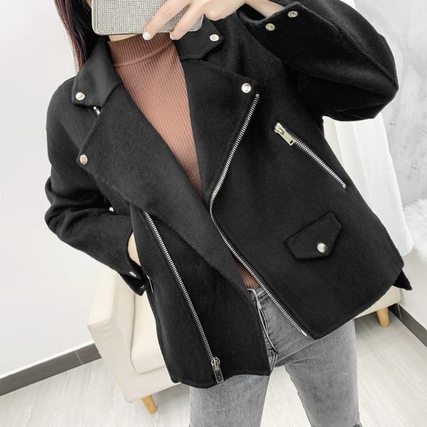 women's wool & blends double-sided woolen wool cashmere short fitting coat with irregular zipper korean style age reducing loose woolen, Black
women's wool & blends double-sided woolen wool cashmere short fitting coat with irregular zipper korean style age reducing loose woolen, Black