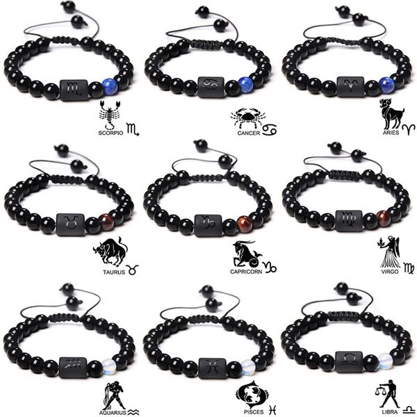 fashion twelve zodiac bracelet set chakras natural gemstone beads bracelet for women men jewelry, Black