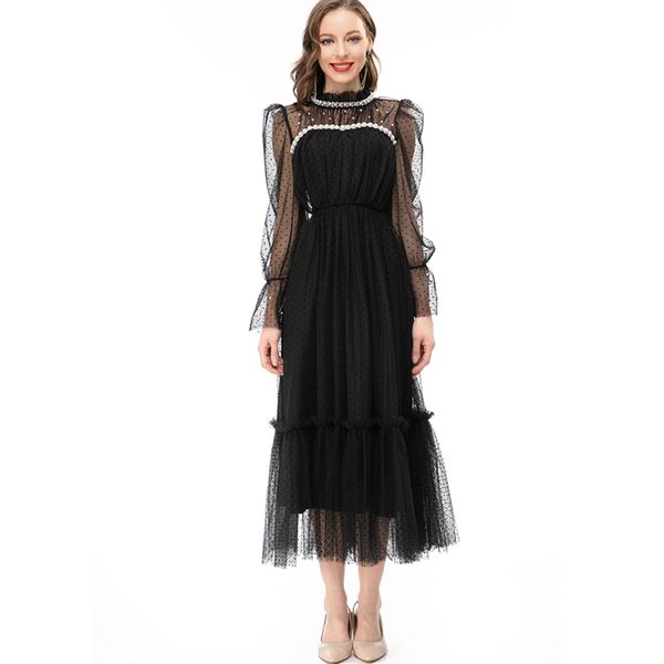 women's runway dresses stand collar long sleeves beaded polka dots layered fashion vestidos, Black
women's runway dresses stand collar long sleeves beaded polka dots layered fashion vestidos, Black