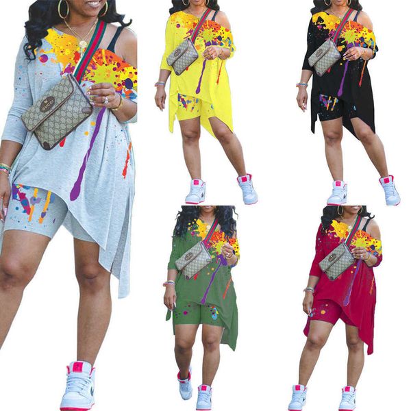 summer women clothing short sleeved irregular shirt dress shorts splash printed slant shoulder two piece sports jogger sets outfits, Gray
summer women clothing short sleeved irregular shirt dress shorts splash printed slant shoulder two piece sports jogger sets outfits, Gray