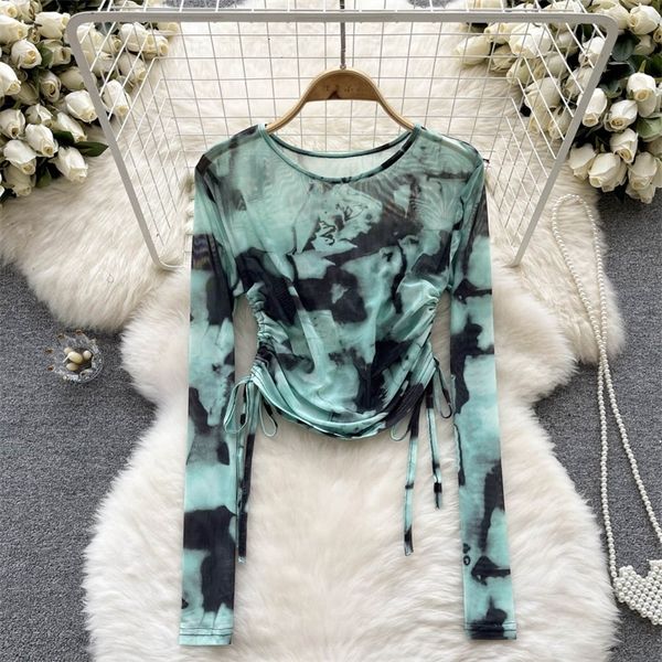 women s t shirt chic tie dye print mesh t shirt drawstring bandage vintage bodycon crop long sleeve tee streetwear y2k l230407, White
women s t shirt chic tie dye print mesh t shirt drawstring bandage vintage bodycon crop long sleeve tee streetwear y2k l230407, White