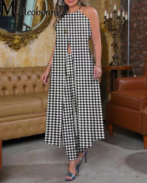 women s two piece pants elegant thousand birds grid print suit summer hanging neck sleeveless backless female sets high waist 230407, White
women s two piece pants elegant thousand birds grid print suit summer hanging neck sleeveless backless female sets high waist 230407, White