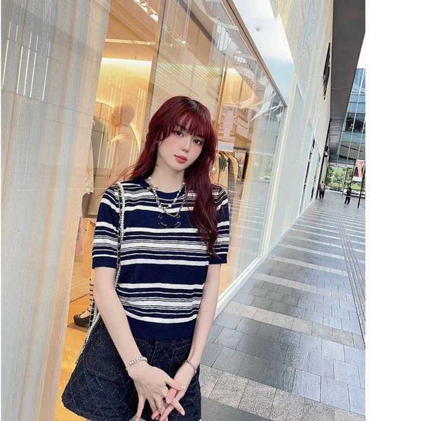 23ss womens t-shirt designer clothes women tee round neck striped double c letter logo toothbrush embroidered short sleeve sweater clothes, White
