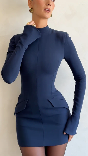 Casual Dresses Women Elegant Dark Blue Commuting Mini Dress Autumn Sexy Pocket Long Sleeve Bodycon Lady Chic Party Club Robe