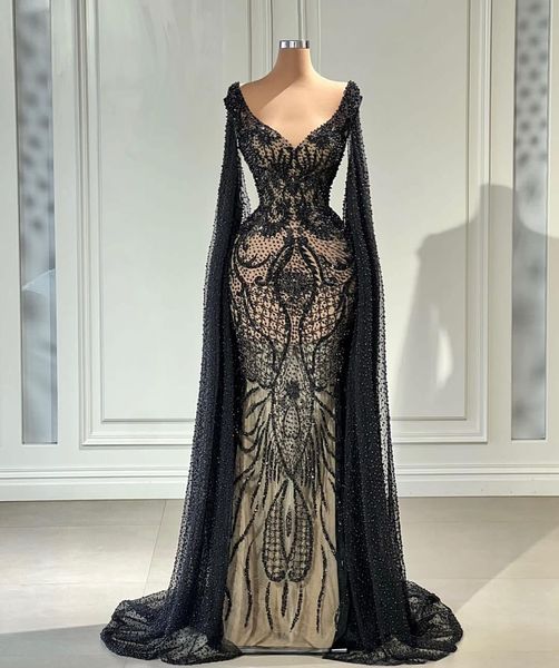 black mermaid prom dresses long sleeves v neck capes appliques sequins beaded floor length 3d lace hollow sparkly evening dress bridal gowns
black mermaid prom dresses long sleeves v neck capes appliques sequins beaded floor length 3d lace hollow sparkly evening dress bridal gowns