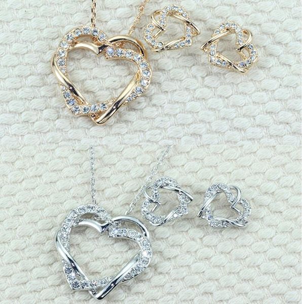 12 sets/lot entangled double heart pendant necklace ear studs ring 3 pcs inlaid zircon rhinestone twinkle valentine's day gift jewelry, Black
12 sets/lot entangled double heart pendant necklace ear studs ring 3 pcs inlaid zircon rhinestone twinkle valentine's day gift jewelry, Black