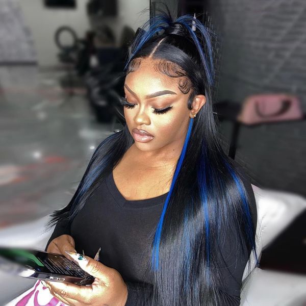 

Highlight Blue Human Hair Wigs Blue Straight 13x4 Lace Front Wig Pre Plucked with Baby Hair Brazilian Remy Glueless Lace Front Wigs, Customize