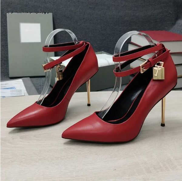 thin high heel women pumps locked decor strap pointed toe genuine leather dress shoes, Black
thin high heel women pumps locked decor strap pointed toe genuine leather dress shoes, Black