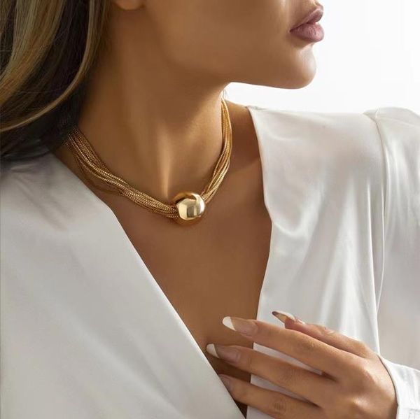 punk style multi-layer strings chain necklace electroplated chain with round ball pendant collarbone chain 2023 new summer women's neck, Black