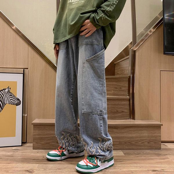 men's jeans fashion flame embroidery mens baggy straight denim trousers streetwear casual bottoms hip hop pants male y2k clothes 230410, Blue
men's jeans fashion flame embroidery mens baggy straight denim trousers streetwear casual bottoms hip hop pants male y2k clothes 230410, Blue
