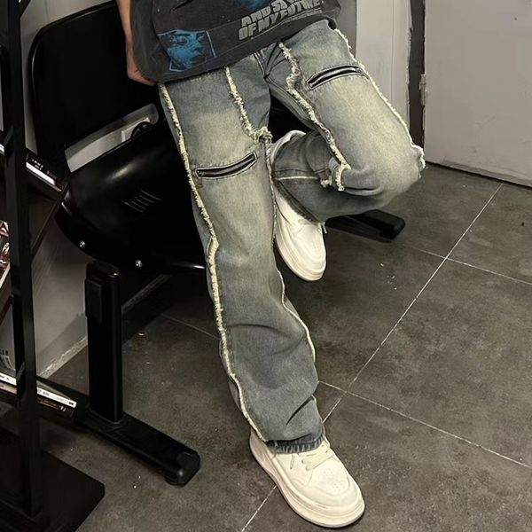 pants frayed zipper pockets washed blue jeans men's straight casual denim trousers, Black;brown
pants frayed zipper pockets washed blue jeans men's straight casual denim trousers, Black;brown