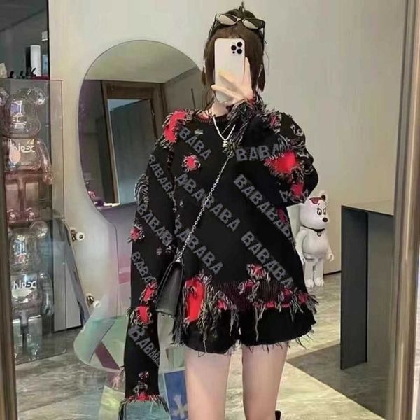 women balencigas fashion high sweater women's sleeve tattered autumn long winter round men neck striped end jacquard cardigan knitting, White;black
women balencigas fashion high sweater women's sleeve tattered autumn long winter round men neck striped end jacquard cardigan knitting, White;black