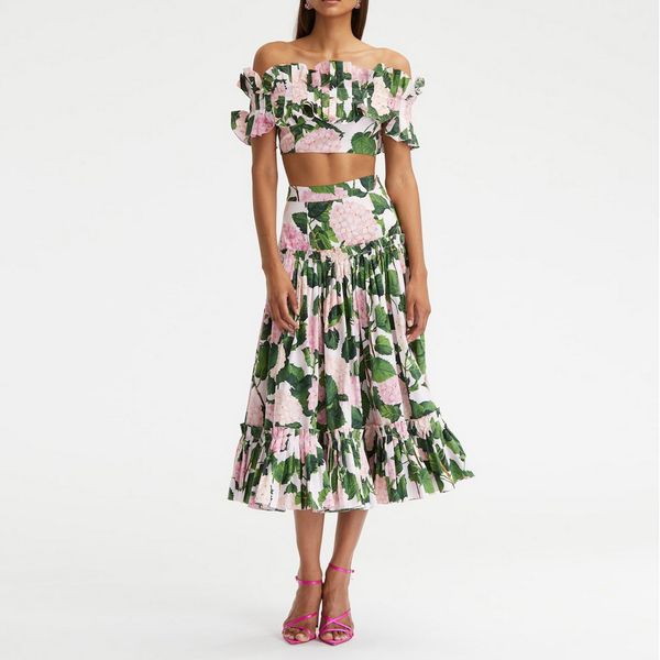 two piece skirt set floral printed off shoulder mini with floral printed midi skirt, White
two piece skirt set floral printed off shoulder mini with floral printed midi skirt, White
