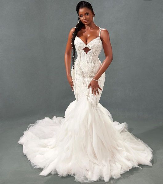 luxury mermaid wedding dresses sleeveless v neck straps diamonds appliques sequins beaded ruffles lace train floor length bridal gowns custo, White
luxury mermaid wedding dresses sleeveless v neck straps diamonds appliques sequins beaded ruffles lace train floor length bridal gowns custo, White