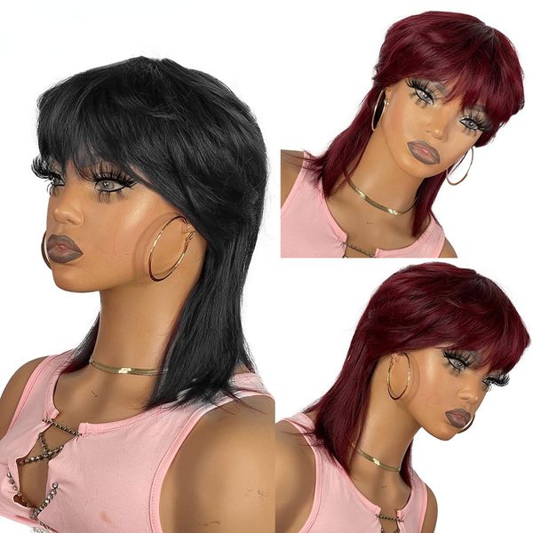 colored short straight bob pixie human hair wig with bangs for women brazilian remy hair non full lace front burgundy red wigs, Black 
colored short straight bob pixie human hair wig with bangs for women brazilian remy hair non full lace front burgundy red wigs, Black