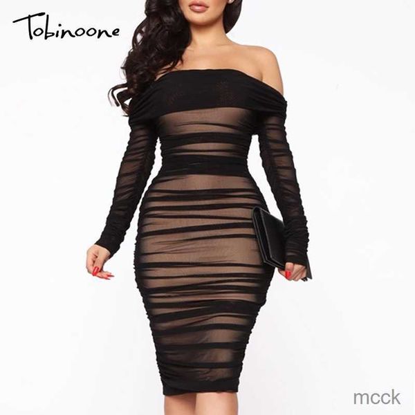 casual dresses tobinoone double layer mesh party dress off shoulder elegant women dress ruched spring summer bodycon short dresses 200928 m2, Black;gray