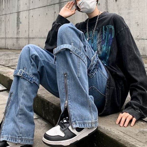 men's pants deeptown loose straight jeans men ribbons blue distressed zipper denim casual fashion trousers streetwear hip hop summer 23, Black
men's pants deeptown loose straight jeans men ribbons blue distressed zipper denim casual fashion trousers streetwear hip hop summer 23, Black