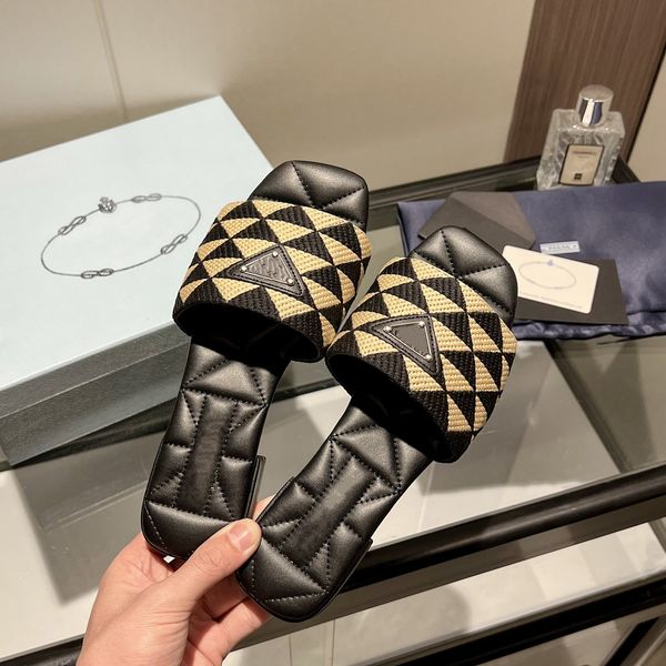 embossed prad triangle women slippers embroidered pool outdoor sandals fabric jacquard metal slides mules knitted slipper womens home flip f, Black
embossed prad triangle women slippers embroidered pool outdoor sandals fabric jacquard metal slides mules knitted slipper womens home flip f, Black