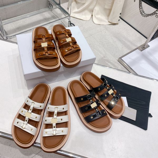 calfskin sandal designer luxury women slide summer slipper brown vegetable tanning flat gold trim sandals slippers, Black
