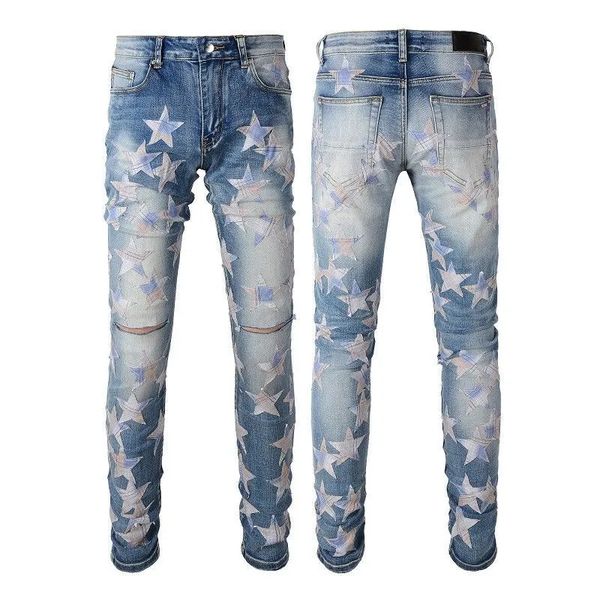 

mens jeans for guys rip slim fit skinny man pants orange star patches wearing biker denim stretch cult motorcycle trendy long straight hip h, Blue