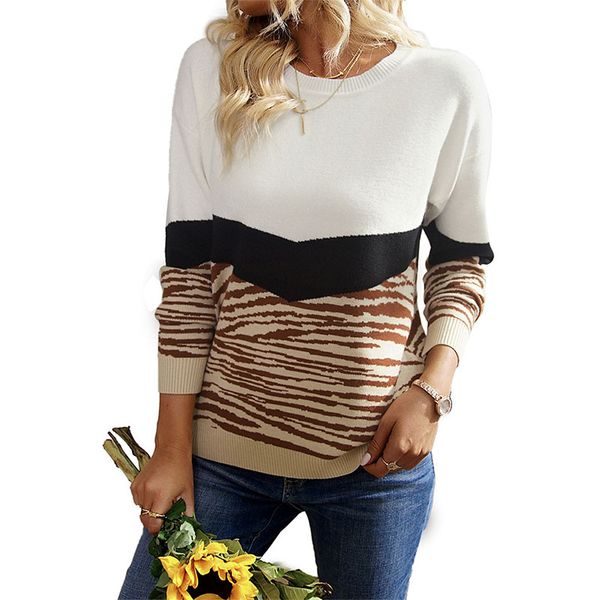 crew neck pullover women's sweaters lady tiger skin pattern contrast color knitted with loose long sleeves rib stitches cuff bottom he, White;black
crew neck pullover women's sweaters lady tiger skin pattern contrast color knitted with loose long sleeves rib stitches cuff bottom he, White;black