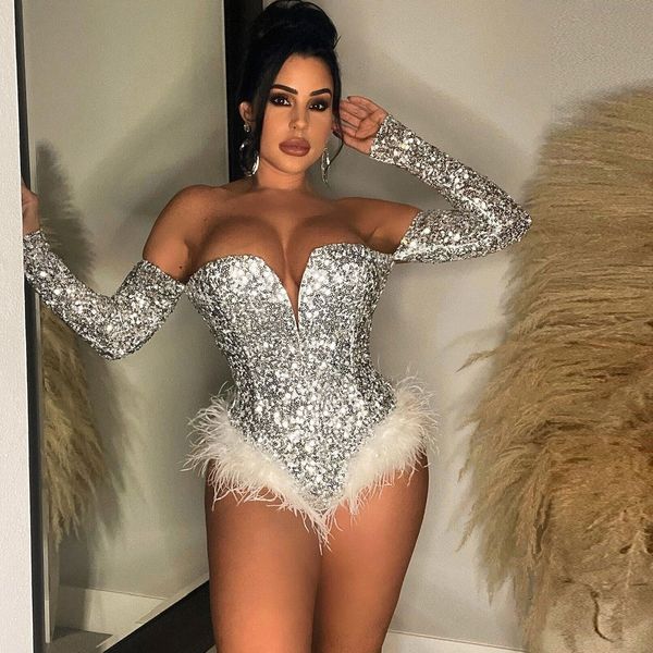 women s jumpsuits rompers bodysuit for women plunge deep v neck sequined off shoulder long sleeve hem faeathers jumpsuit 2023 party evening, Black;white
women s jumpsuits rompers bodysuit for women plunge deep v neck sequined off shoulder long sleeve hem faeathers jumpsuit 2023 party evening, Black;white