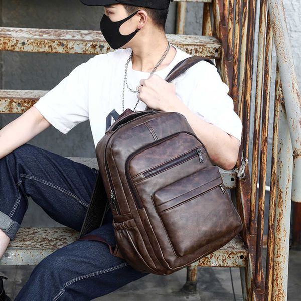 backpack men's korean pu leather student backpack multi functional waterproof outdoor computer backpack 230411