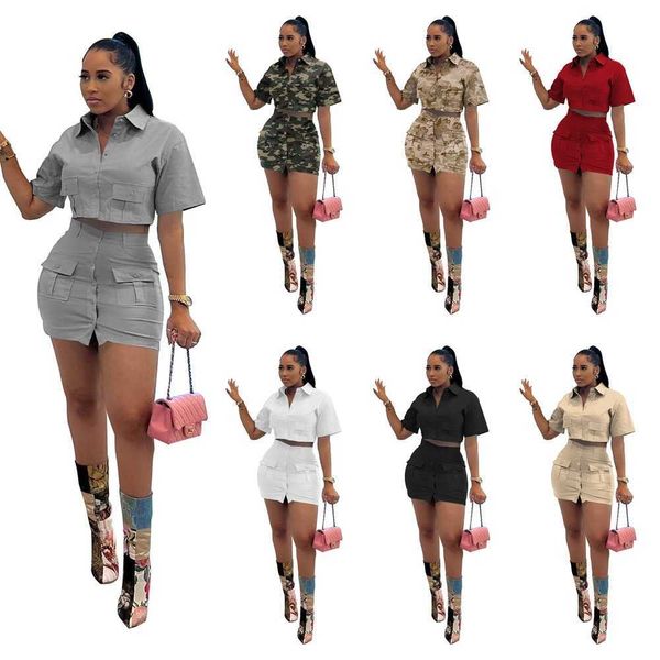 designer women dress set solid color button workwear double pocket camo mini skirt fashion casual suits 2 piece outfits, White
designer women dress set solid color button workwear double pocket camo mini skirt fashion casual suits 2 piece outfits, White