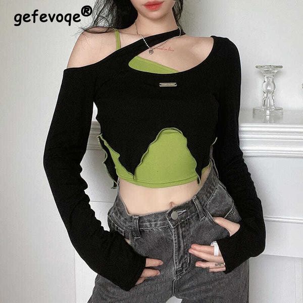 women's t-shirt y2k vintage asymmetrical t-shirt korean crop two piece women casual off shoulder streetwear long sleeve chic slim tee, White
women's t-shirt y2k vintage asymmetrical t-shirt korean crop two piece women casual off shoulder streetwear long sleeve chic slim tee, White
