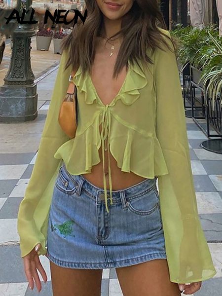 women's t-shirt allneon vintage 90s streetwear ruffles trim green chiffon t-shirts y2k fashion deep v lace up long sleeve transparent, White
women's t-shirt allneon vintage 90s streetwear ruffles trim green chiffon t-shirts y2k fashion deep v lace up long sleeve transparent, White