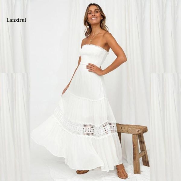 

Casual Dresses Beach Dress White Strapless Holiday Summer Long Lace Up Hollow Out Women Party Vestidos