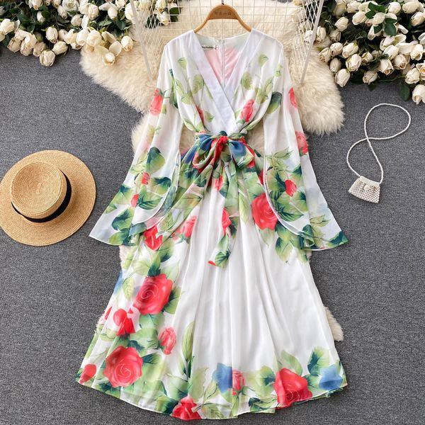 ethnic style dress with tie up waist for slimming print long sleeved dress summer women's french v-neck beautiful mid length dress, Black;gray
ethnic style dress with tie up waist for slimming print long sleeved dress summer women's french v-neck beautiful mid length dress, Black;gray