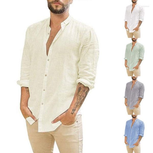 

Men's Casual Shirts Camisas 2023 Linen Shirt Men Long Sleeves Blouse Loose Tops Spring Summer Handsome Leisure White Blue