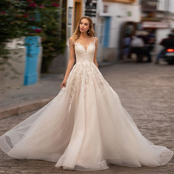 spaghetti tulle applique a-line wedding dress deep v neck backless bridal gowns, White
spaghetti tulle applique a-line wedding dress deep v neck backless bridal gowns, White