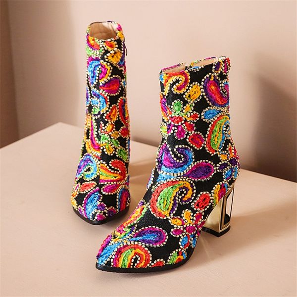 fashion embroidery boots women colorful high chunky heel vintage style ankle boot shoes, Black
fashion embroidery boots women colorful high chunky heel vintage style ankle boot shoes, Black