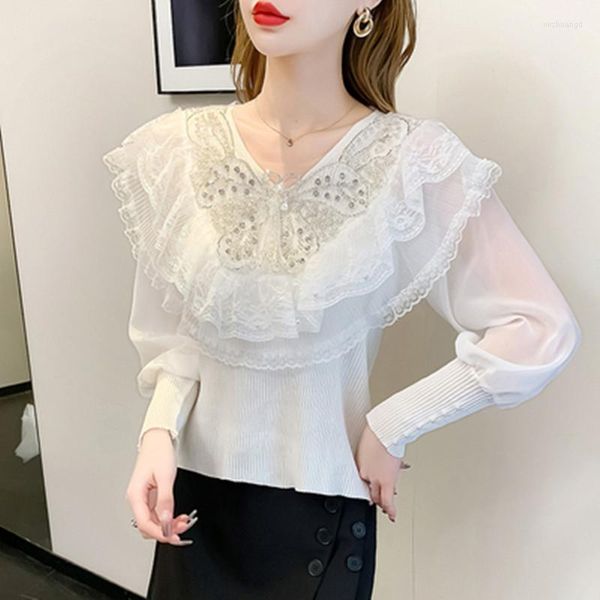 women's blouses original designer spring fashion puff sleeve chiffon slim shirt women v neck diamonds lace ruffles chic casual thin, White
women's blouses original designer spring fashion puff sleeve chiffon slim shirt women v neck diamonds lace ruffles chic casual thin, White