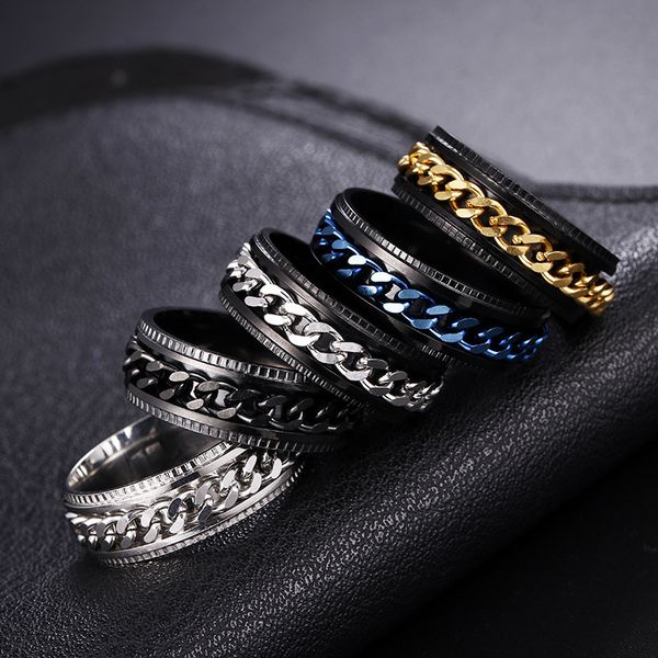 band rings rotate rotating anxiety fidget rings stainless steel chain spinner finger ring for men blue gold color black punk rock 230410, Silver
band rings rotate rotating anxiety fidget rings stainless steel chain spinner finger ring for men blue gold color black punk rock 230410, Silver