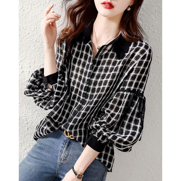 women's blouses shirts fashion lapel printed drawstring lantern sleeve plaid shirt women's clothing autumn loose casual korean bl, White
women's blouses shirts fashion lapel printed drawstring lantern sleeve plaid shirt women's clothing autumn loose casual korean bl, White