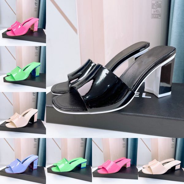 

new brand woman slippers patent leather cruise mules lady sandals summer shoes 4.5cm 8cm jelly slides block heel pumps luxury casual dress s, Black