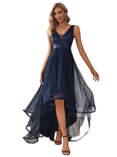 elegant evening dresses sleeveless high-low v neck tulle ever pretty of prom dresses with navy blue sequin appliques gown, Black
elegant evening dresses sleeveless high-low v neck tulle ever pretty of prom dresses with navy blue sequin appliques gown, Black
