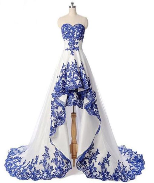 white and royal blue lace appliques high low wedding dresses sweetheart sleeveless short front long back organza bridal gowns high9075703
white and royal blue lace appliques high low wedding dresses sweetheart sleeveless short front long back organza bridal gowns high9075703