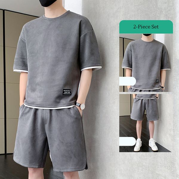 men s tracksuits suede tracksuit mens summer sets o neck short sleeve shorts fashion solid color sport suit men loose t shirts 2 piece set 2, Gray 
men s tracksuits suede tracksuit mens summer sets o neck short sleeve shorts fashion solid color sport suit men loose t shirts 2 piece set 2, Gray
