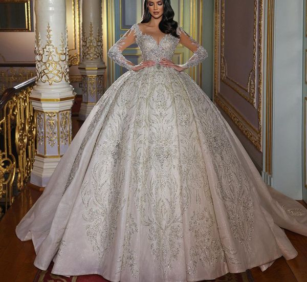ball gown wedding dresses v neck long sleeves sequins appliques beaded floor length ruffles 3d lace diamonds zipper bridal gowns plus size v, White
ball gown wedding dresses v neck long sleeves sequins appliques beaded floor length ruffles 3d lace diamonds zipper bridal gowns plus size v, White